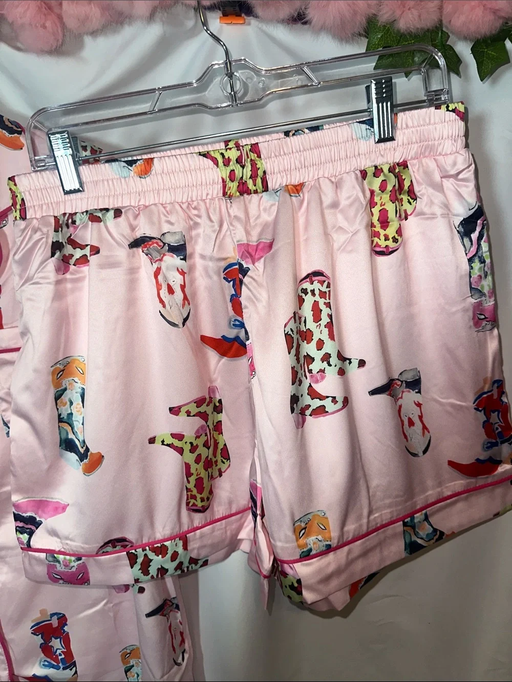 Sheshow Pink Satin Short PJ Set with Colorful western boot Print
